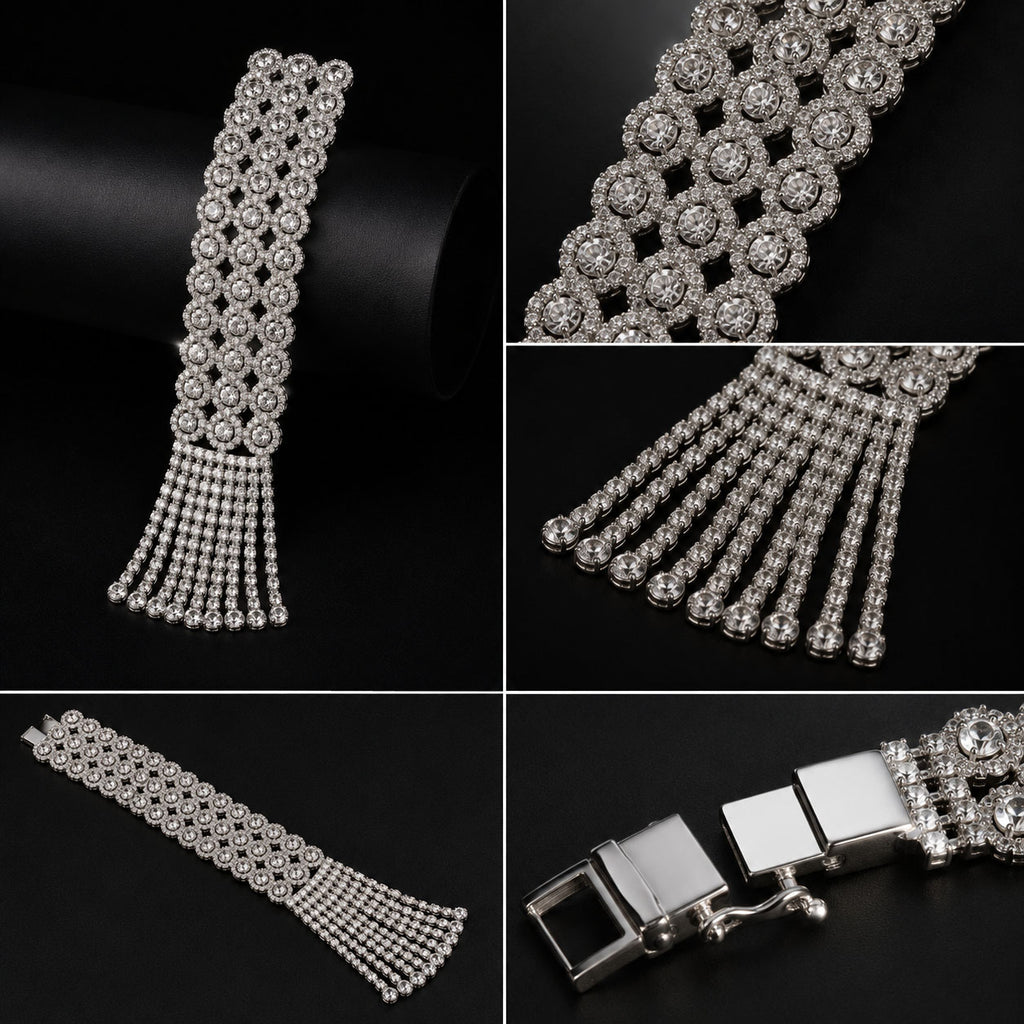 A collage showing a silver-toned rhinestone bracelet from multiple angles on a black background. The bracelet has a wide top section with circular crystal clusters, a tapered fringe of rows, and a clasp view at the bottom right.