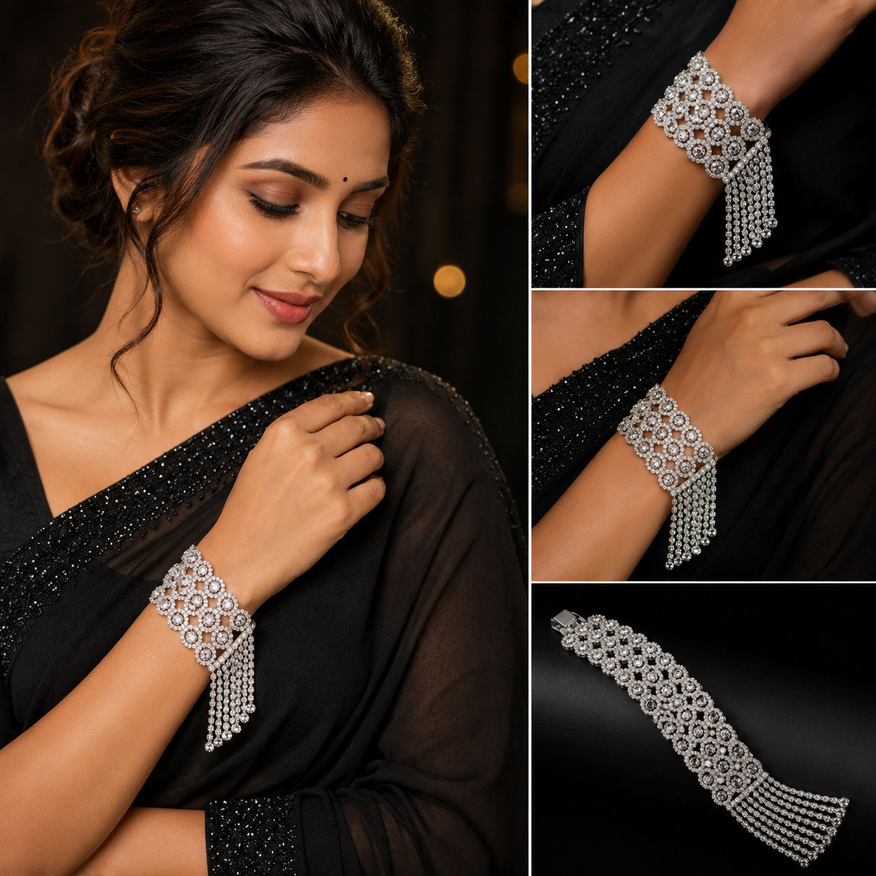 A collage showing a woman wearing a silver-toned, diamond- or crystal-studded wristlet bracelet with dangling fringe. The left panel shows the bracelet on her wrist while she wears a black embroidered sari, and the right-side panels provide close-up views of the bracelet design.