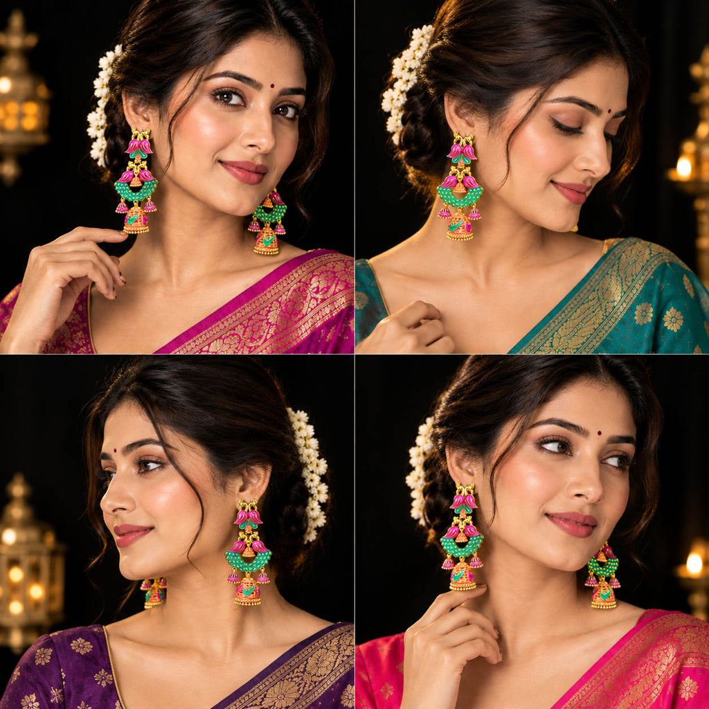 Add a vibrant traditional touch to your jewellery collection with these beautifully detailed multicolor jhumka earrings. Featuring striking pink and turquoise-green accents with intricate gold-tone detailing, the long dangling design creates an elegant statement look.

Perfect for festive occasions, weddings, ethnic outfits, parties and traditional celebrations, these earrings can complement sarees, lehengas, suits and other Indian ethnic wear.
