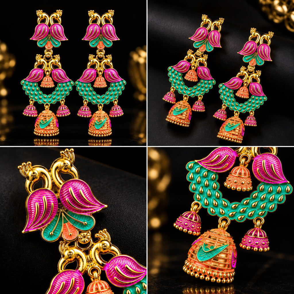 Add a vibrant traditional touch to your jewellery collection with these beautifully detailed multicolor jhumka earrings. Featuring striking pink and turquoise-green accents with intricate gold-tone detailing, the long dangling design creates an elegant statement look.

Perfect for festive occasions, weddings, ethnic outfits, parties and traditional celebrations, these earrings can complement sarees, lehengas, suits and other Indian ethnic wear.