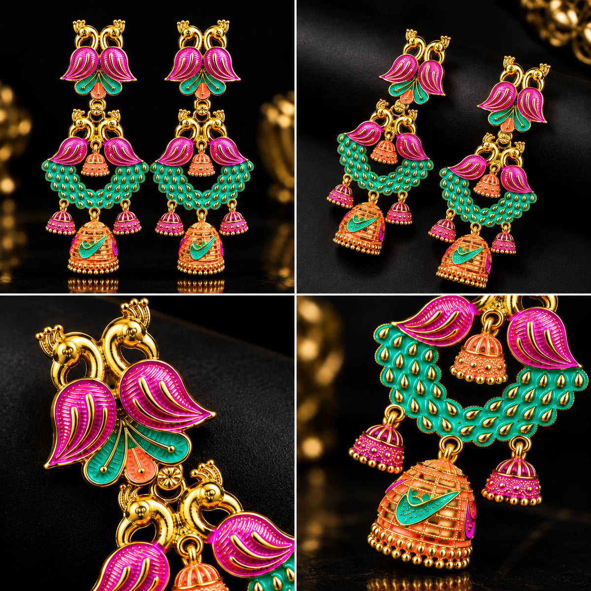 Add a vibrant traditional touch to your jewellery collection with these beautifully detailed multicolor jhumka earrings. Featuring striking pink and turquoise-green accents with intricate gold-tone detailing, the long dangling design creates an elegant statement look.

Perfect for festive occasions, weddings, ethnic outfits, parties and traditional celebrations, these earrings can complement sarees, lehengas, suits and other Indian ethnic wear.