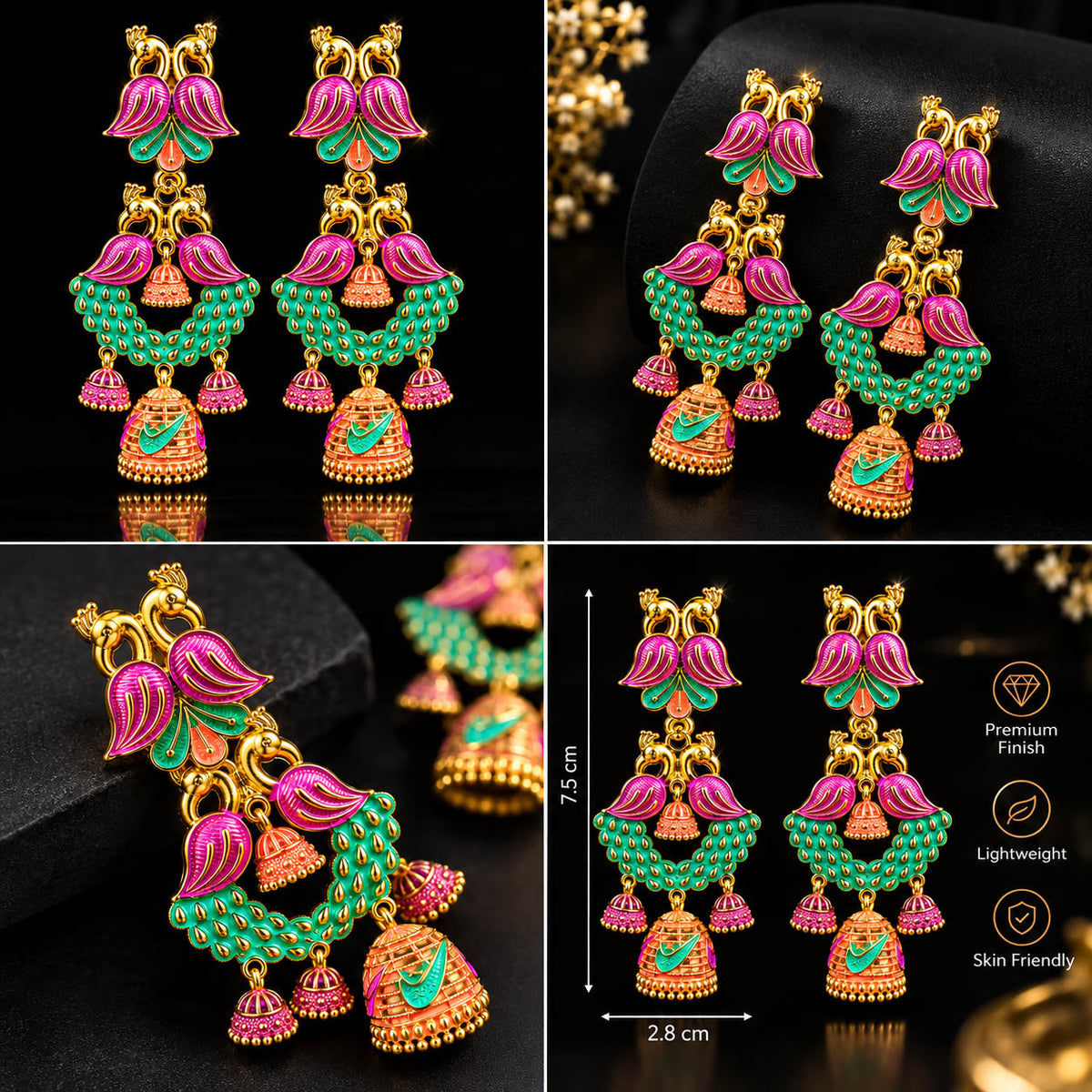 Add a vibrant traditional touch to your jewellery collection with these beautifully detailed multicolor jhumka earrings. Featuring striking pink and turquoise-green accents with intricate gold-tone detailing, the long dangling design creates an elegant statement look.

Perfect for festive occasions, weddings, ethnic outfits, parties and traditional celebrations, these earrings can complement sarees, lehengas, suits and other Indian ethnic wear.