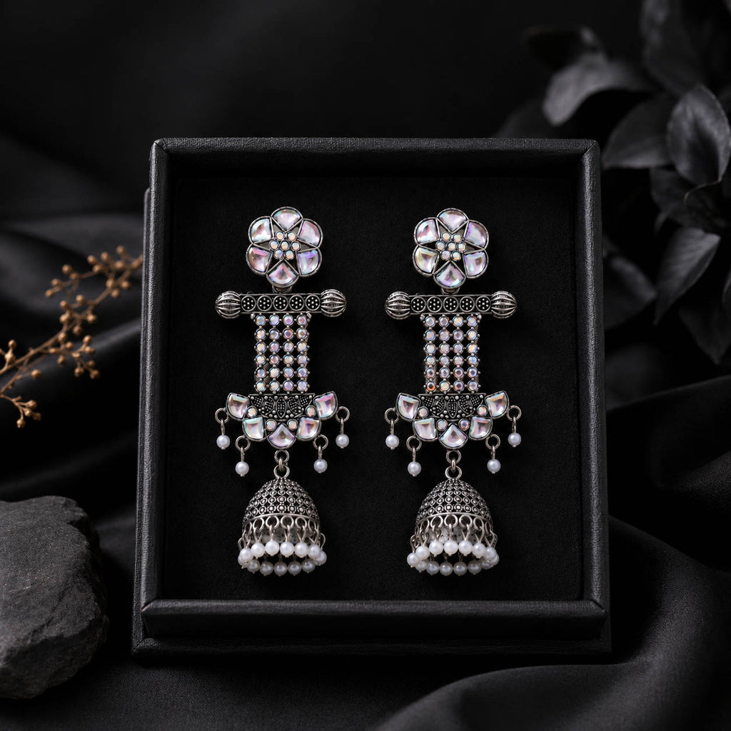 Oxidized Silver Floral Jhumka Earrings with Pearl Drops