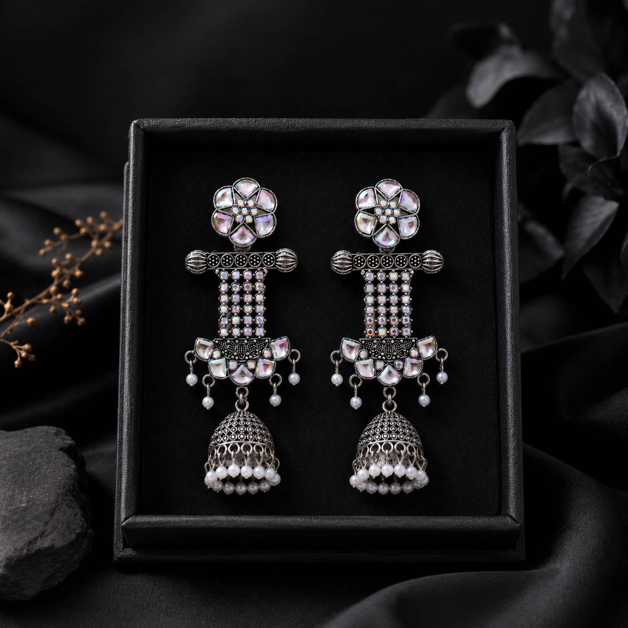 Oxidized Silver Floral Jhumka Earrings with Pearl Drops