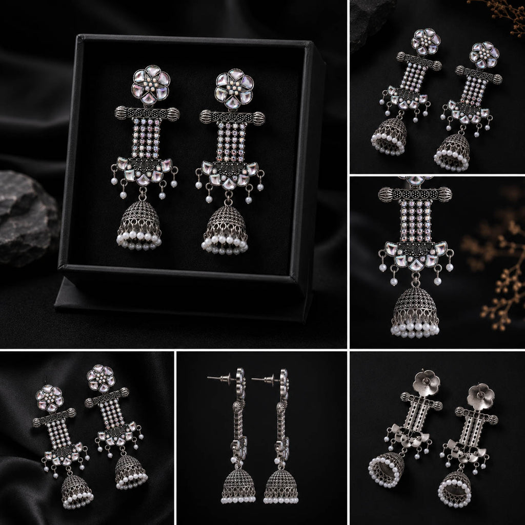 Oxidized Silver Floral Jhumka Earrings with Pearl Drops