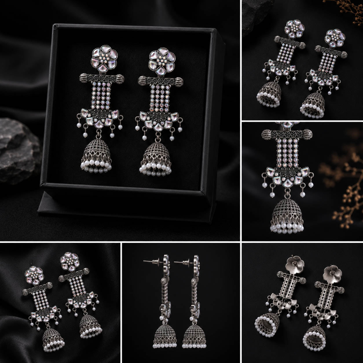 Oxidized Silver Floral Jhumka Earrings with Pearl Drops