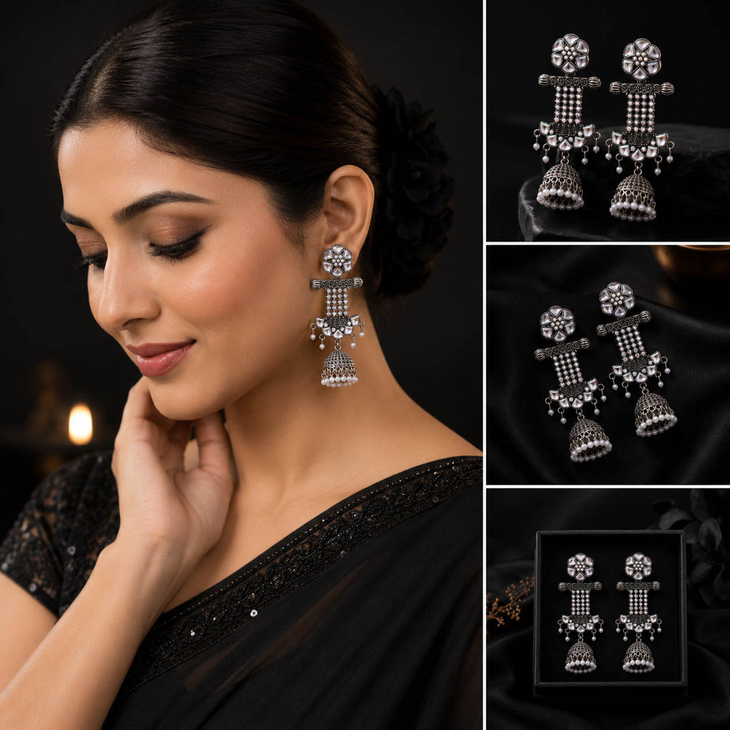 Oxidized Silver Floral Jhumka Earrings with Pearl Drops