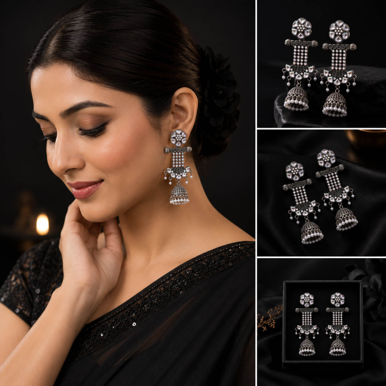 Oxidized Silver Floral Jhumka Earrings with Pearl Drops