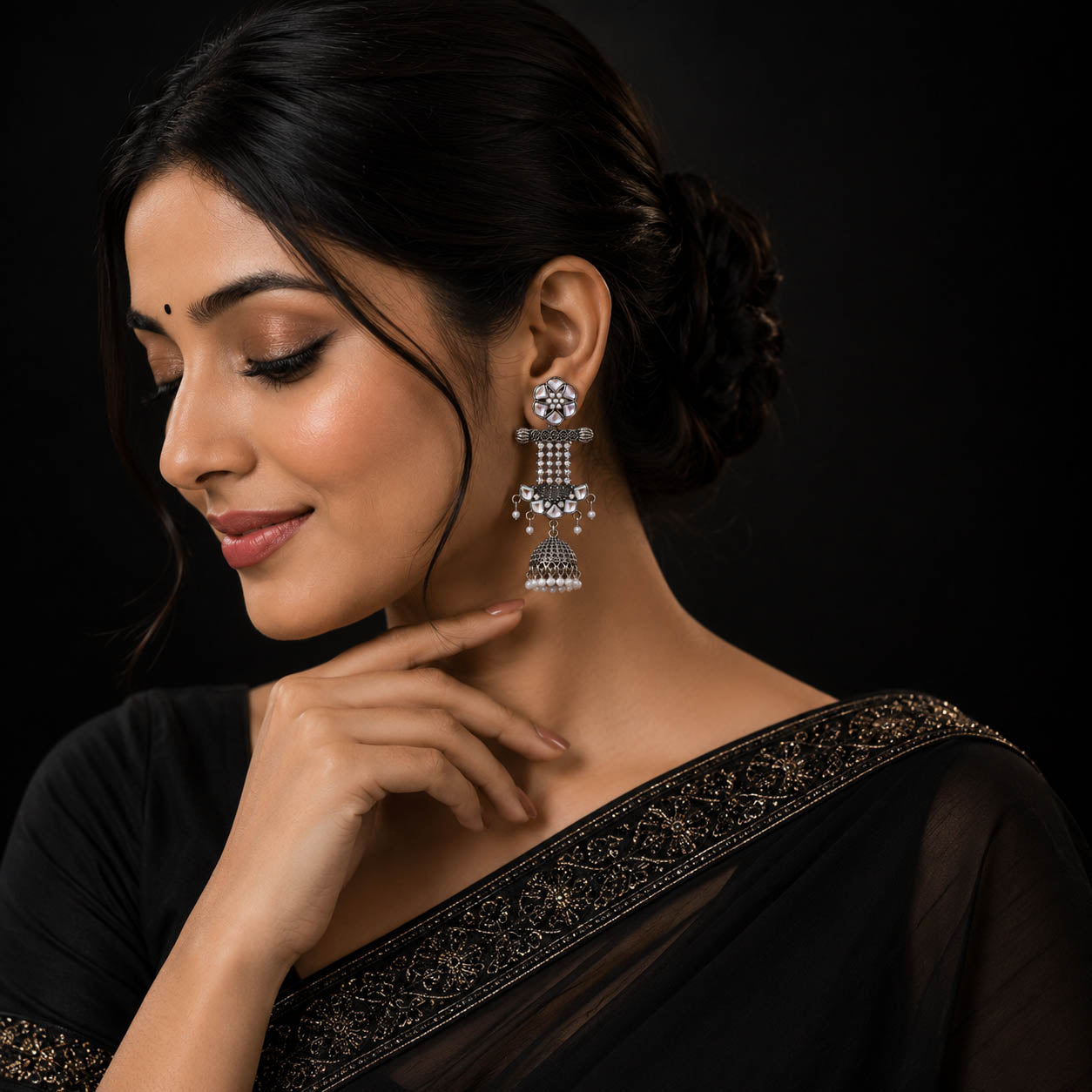 Oxidized Silver Floral Jhumka Earrings with Pearl Drops