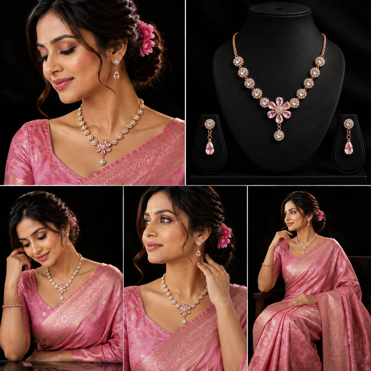 A four-panel collage showing a woman wearing and modeling a pink traditional sari alongside a matching pink and gold necklace and earring set. The top-right panel shows the jewelry displayed on a black mannequin bust against a black background.