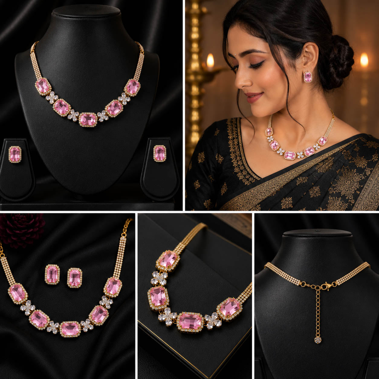 A collage showing a gold-tone jewelry set with pink stones, including a necklace, matching earrings, and close-up views on black display busts, plus a woman wearing the necklace in a dark embroidered outfit.