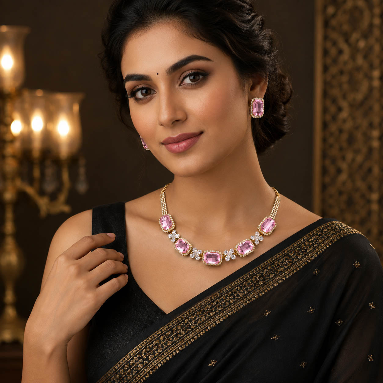 A woman wearing a black saree with gold embroidery and a pink gemstone necklace, with matching pink earrings, posed against a warm, dimly lit background.