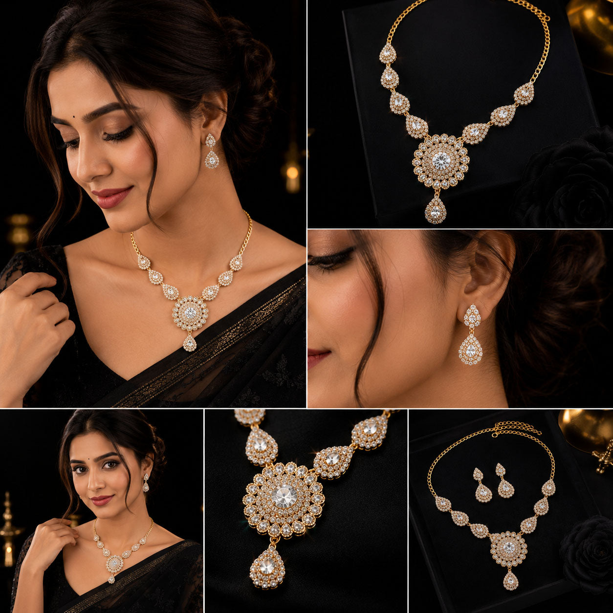 A collage showing a gold-tone jewelry set worn by a woman, including a necklace, matching earrings, and close-up views of the jewelry on a black background.