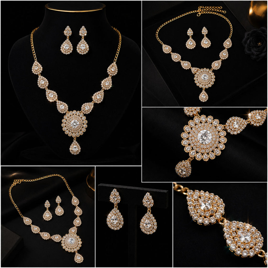 A collage showing a gold-tone jewelry set with matching necklace, earrings, and bracelet on a black background, with close-up detail panels highlighting the crystal and metalwork.