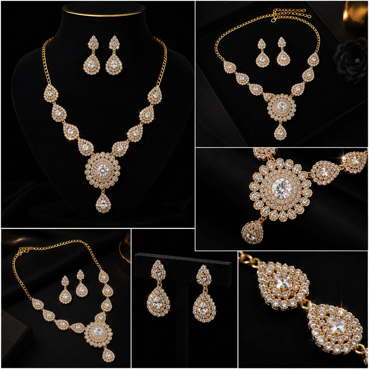 A collage showing a gold-tone jewelry set with matching necklace, earrings, and bracelet on a black background, with close-up detail panels highlighting the crystal and metalwork.