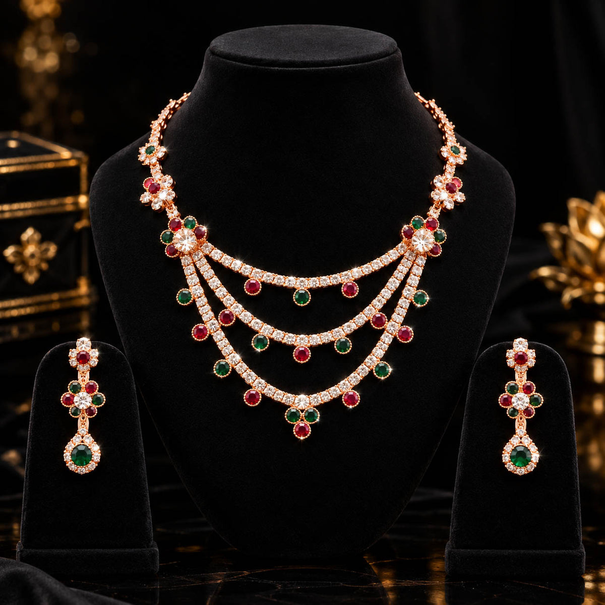 A gold-tone traditional Indian jewelry set featuring a multi-strand necklace and matching drop earrings, embellished with red and green stones, displayed on a black velvet mannequin bust.