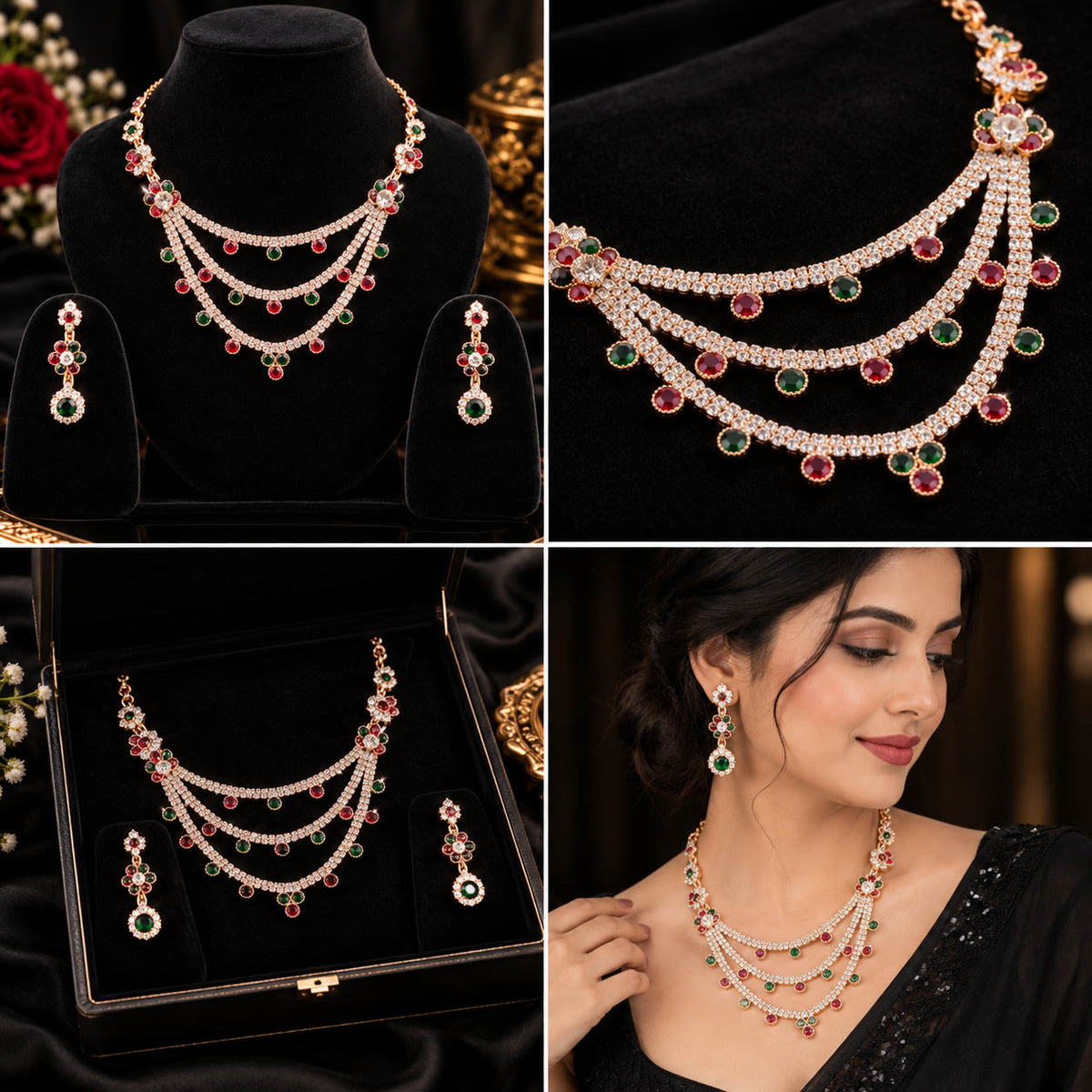 A four-panel collage showing a gold-tone jewelry set with layered necklaces and matching earrings. The set features clear stones set with red and green gemstones, displayed on black velvet jewelry stands, inside an open presentation box, and worn by a model.