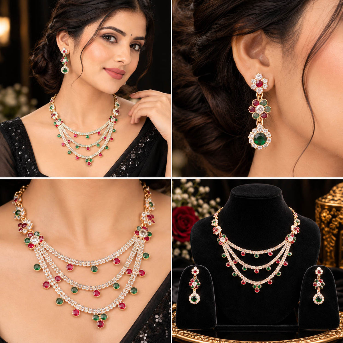 A four-panel collage showing a gold-tone jewelry set worn by a model and displayed on black stands. The set includes a multi-strand necklace, matching drop earrings, and small stud earrings with clear stones and green and red gemstone accents.