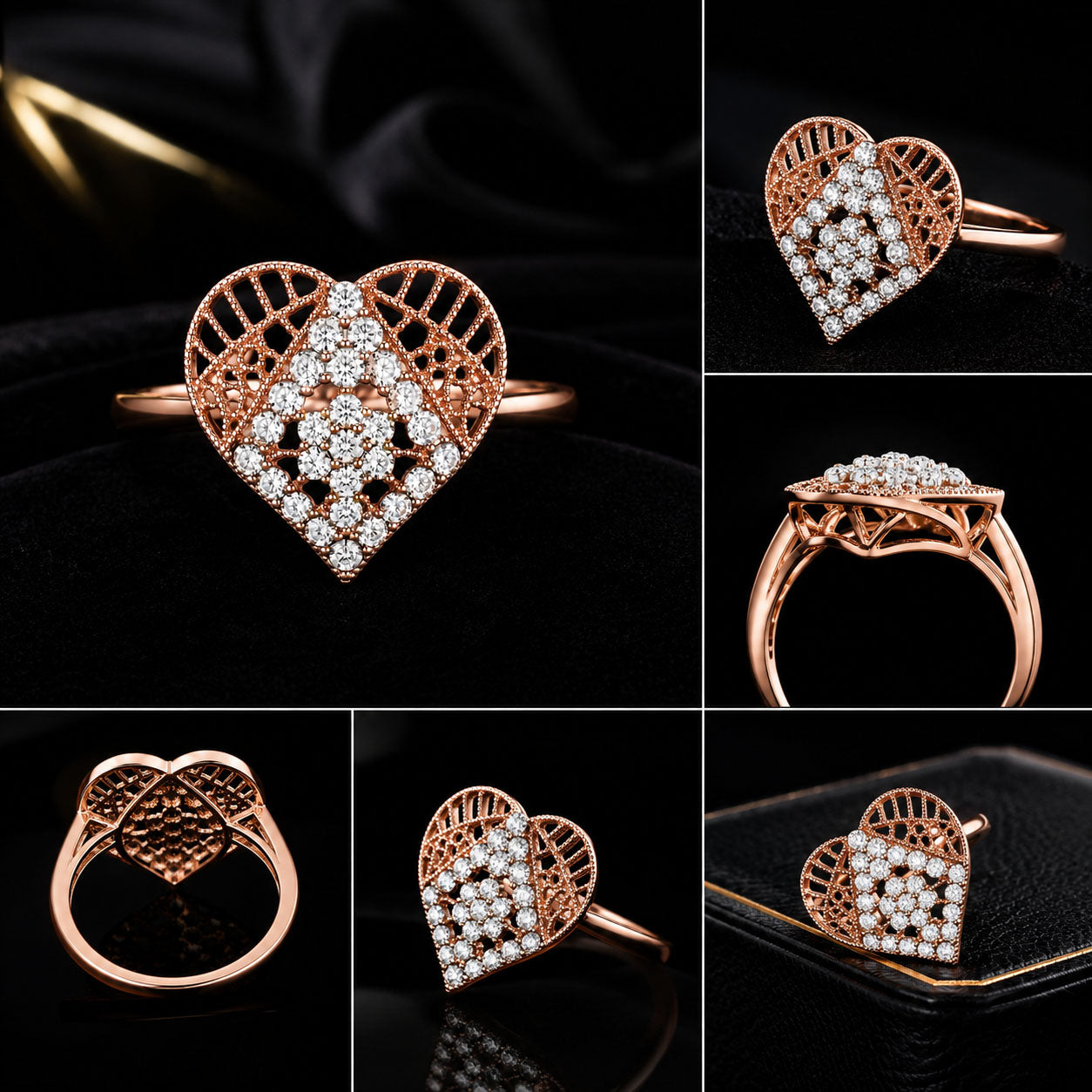 A heart-shaped rose gold ring with pavé-set clear stones, shown in multiple views on a black background. The collage displays the front, side, and top-down angles of the ring.