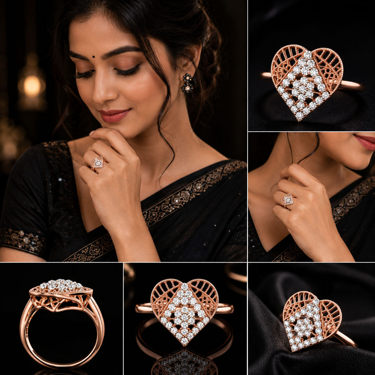 A collage showing a woman wearing a rose gold ring with a heart-shaped pavé diamond setting, alongside close-up product views of the ring on a black background.