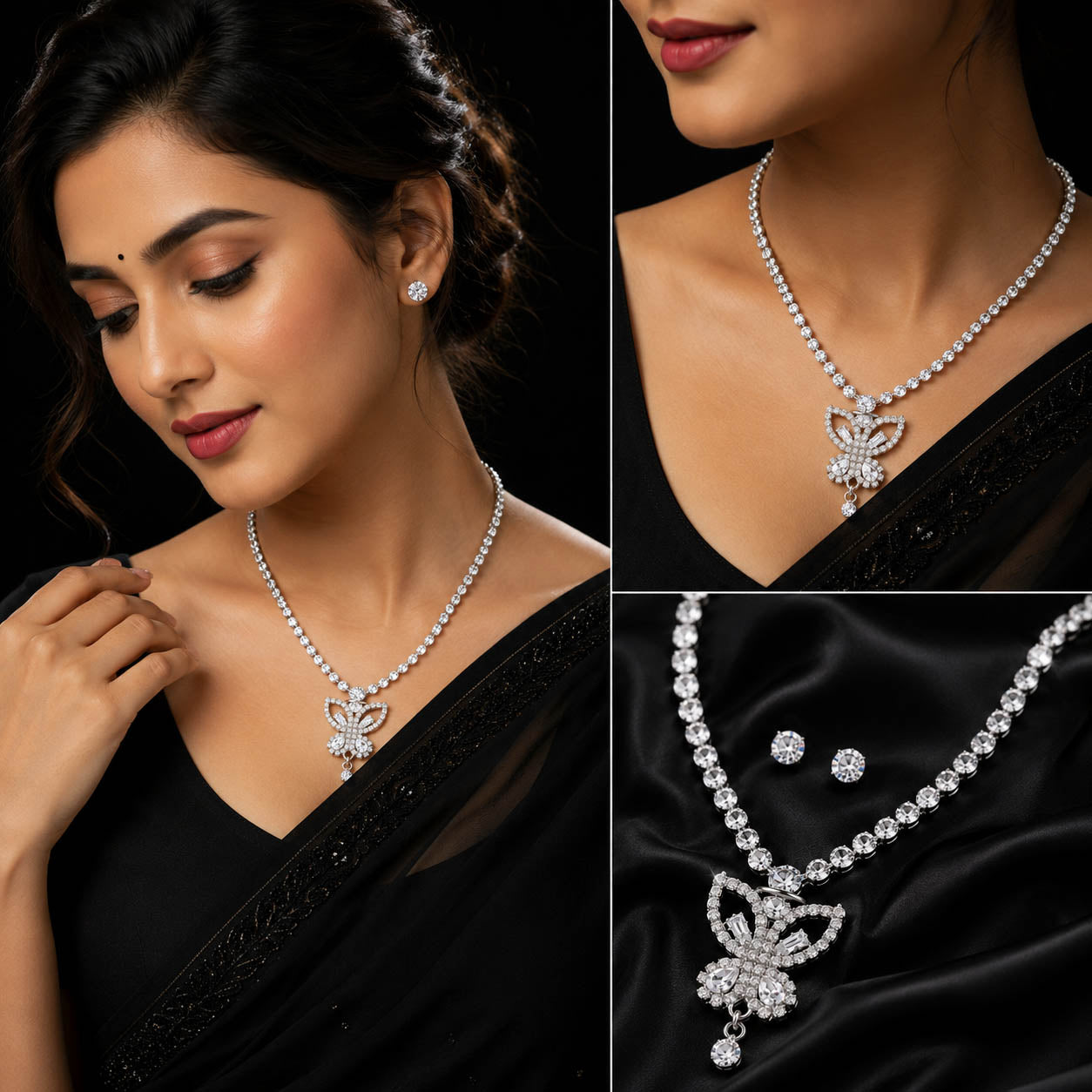 Silver-Plated American Diamond Butterfly Pendant Necklace Set