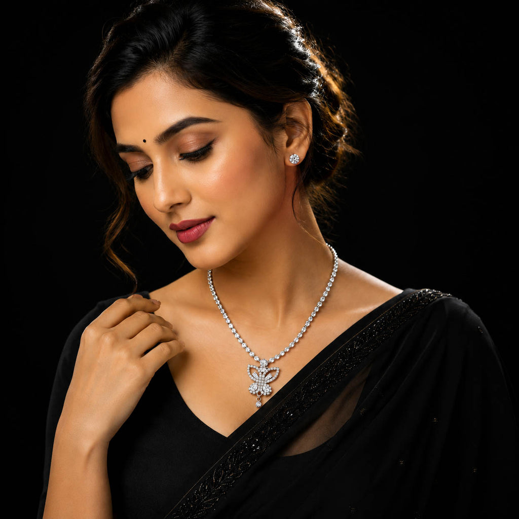 Silver-Plated American Diamond Butterfly Pendant Necklace Set