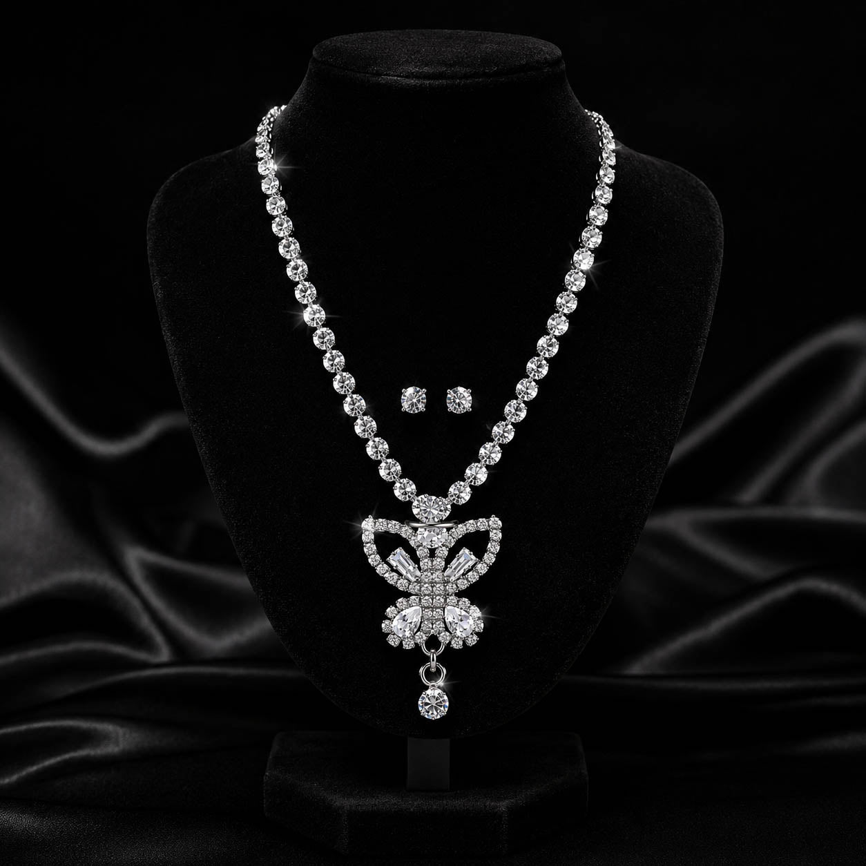 Silver-Plated American Diamond Butterfly Pendant Necklace Set