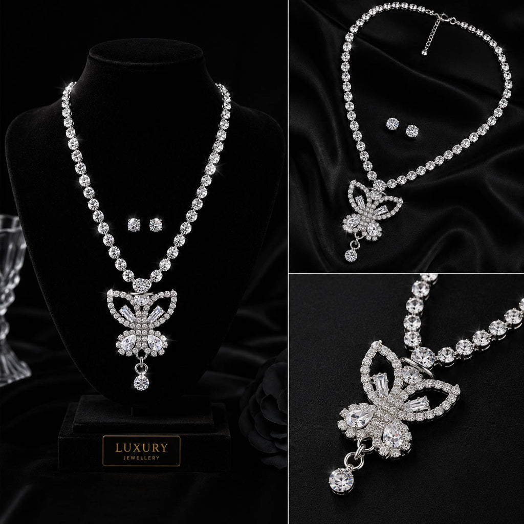 Silver-Plated American Diamond Butterfly Pendant Necklace Set