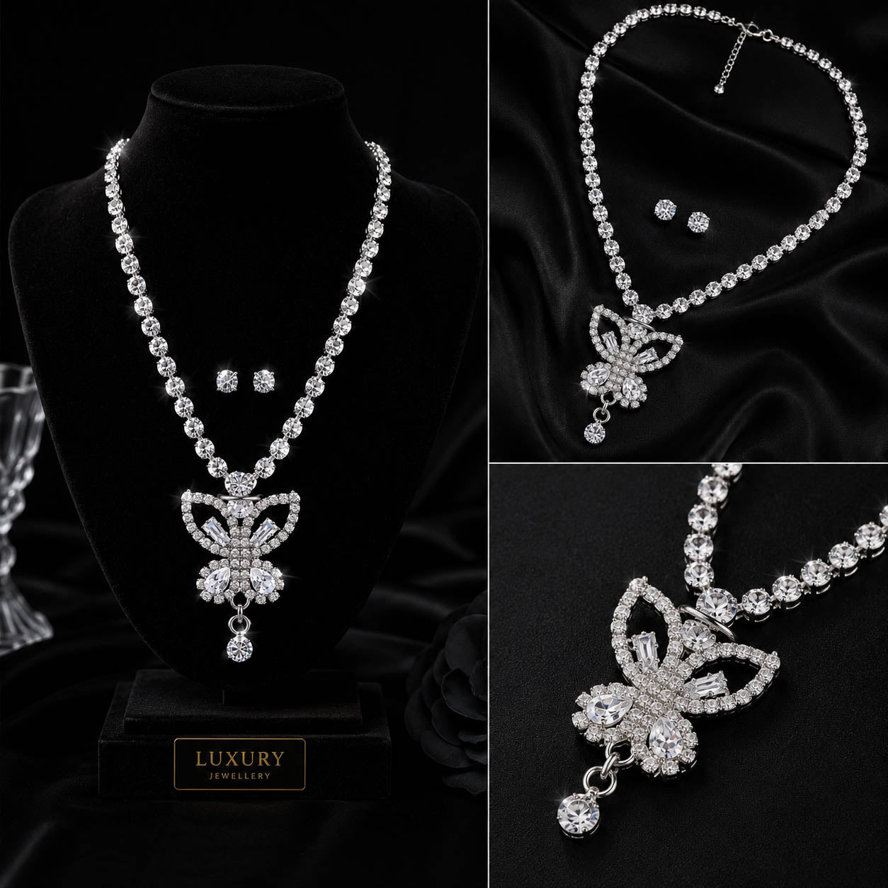 Silver-Plated American Diamond Butterfly Pendant Necklace Set