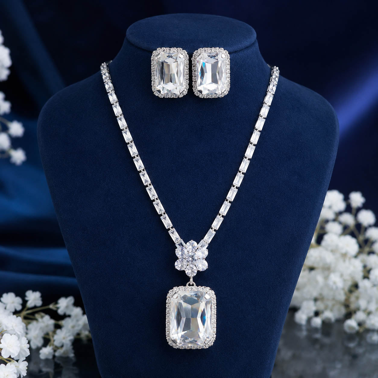 Silver-Tone Diamond Rectangle Pendant with Stud Earrings