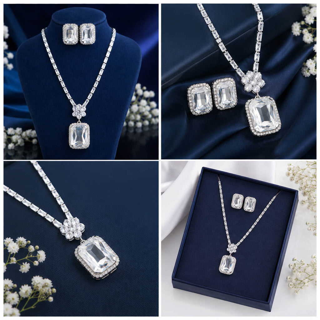 Silver-Tone Diamond Rectangle Pendant with Stud Earrings