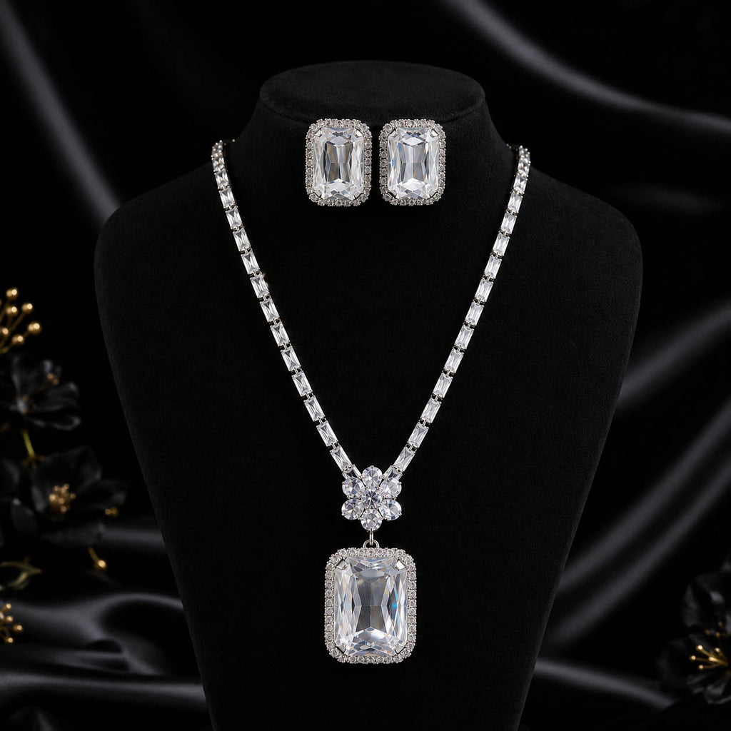 Silver-Tone Diamond Rectangle Pendant with Stud Earrings