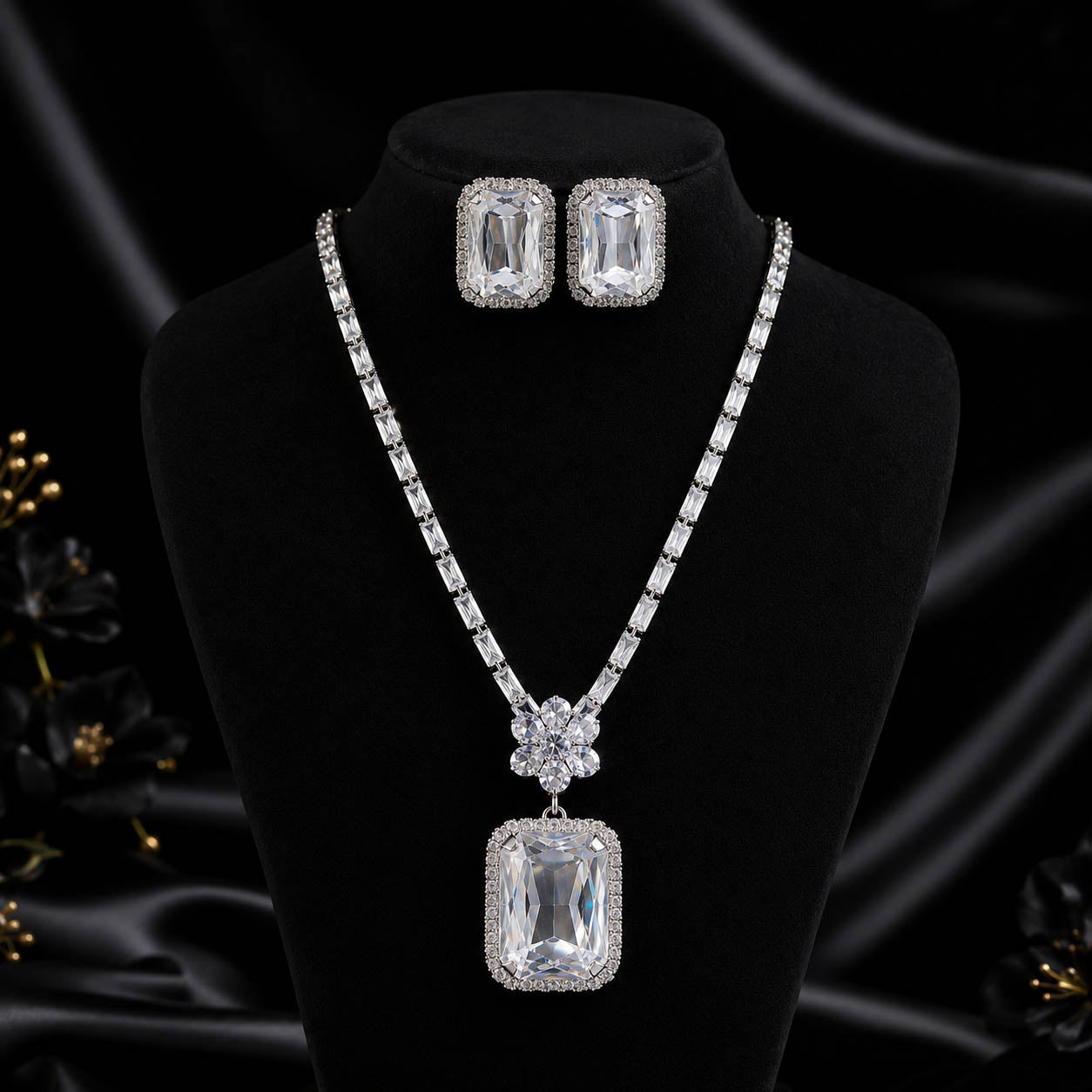 Silver-Tone Diamond Rectangle Pendant with Stud Earrings