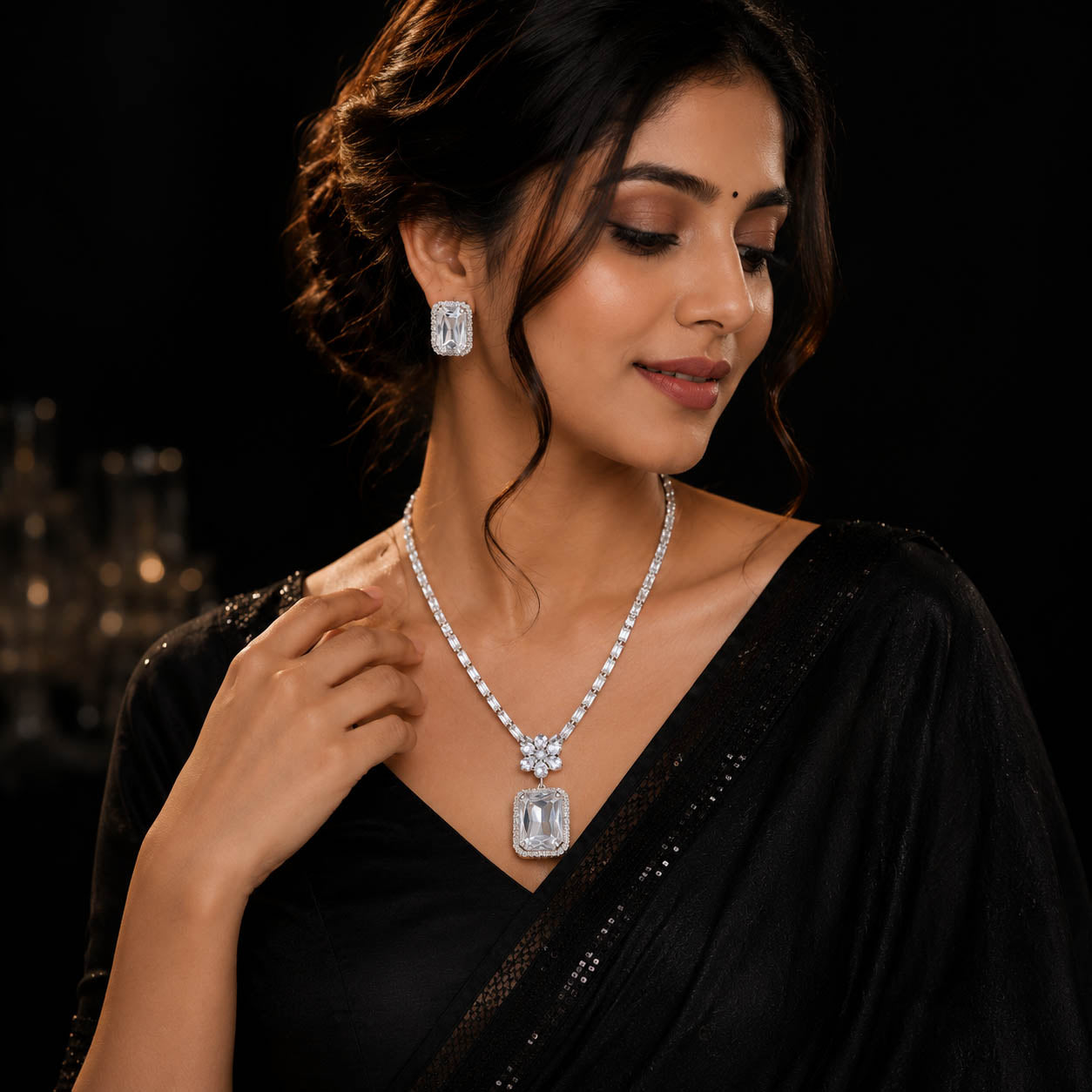 Silver-Tone Diamond Rectangle Pendant with Stud Earrings