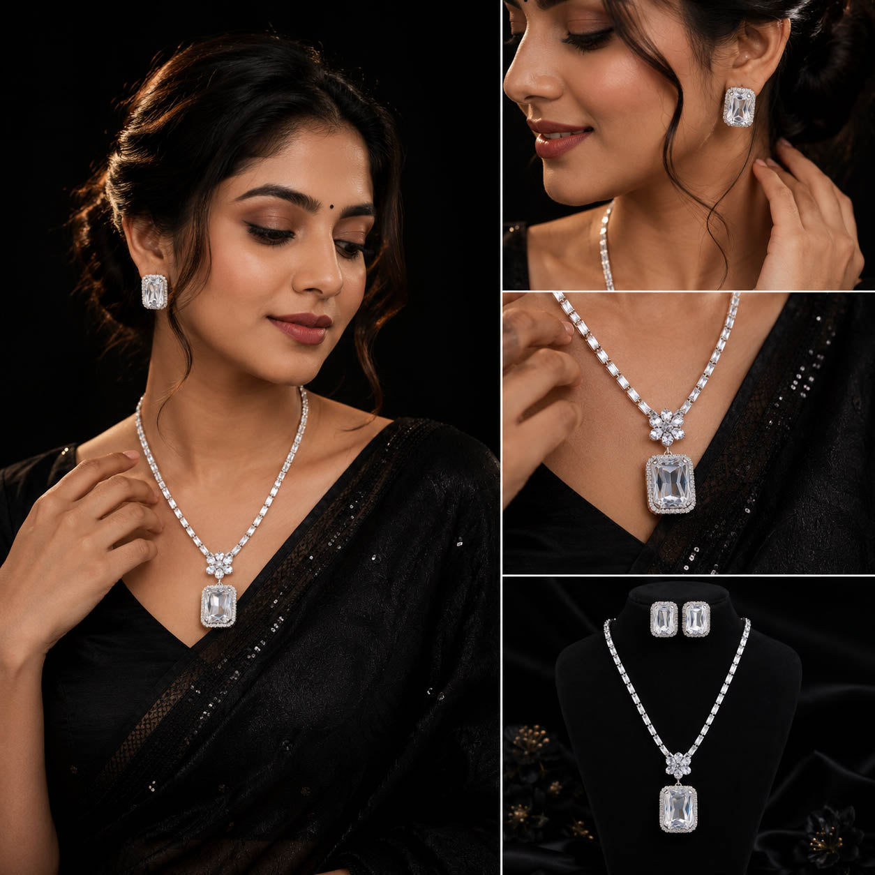 Silver-Tone Diamond Rectangle Pendant with Stud Earrings