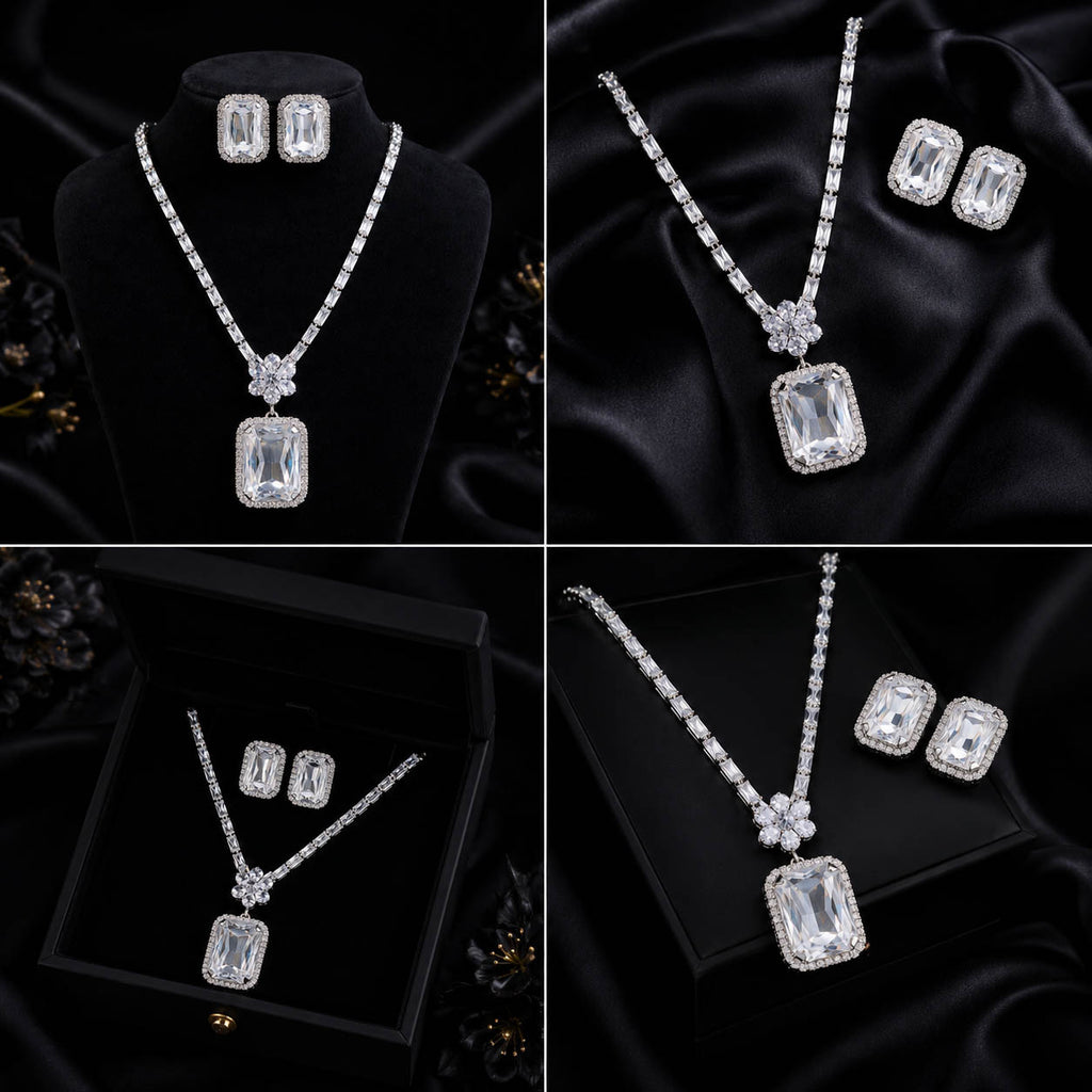 Silver-Tone Diamond Rectangle Pendant with Stud Earrings