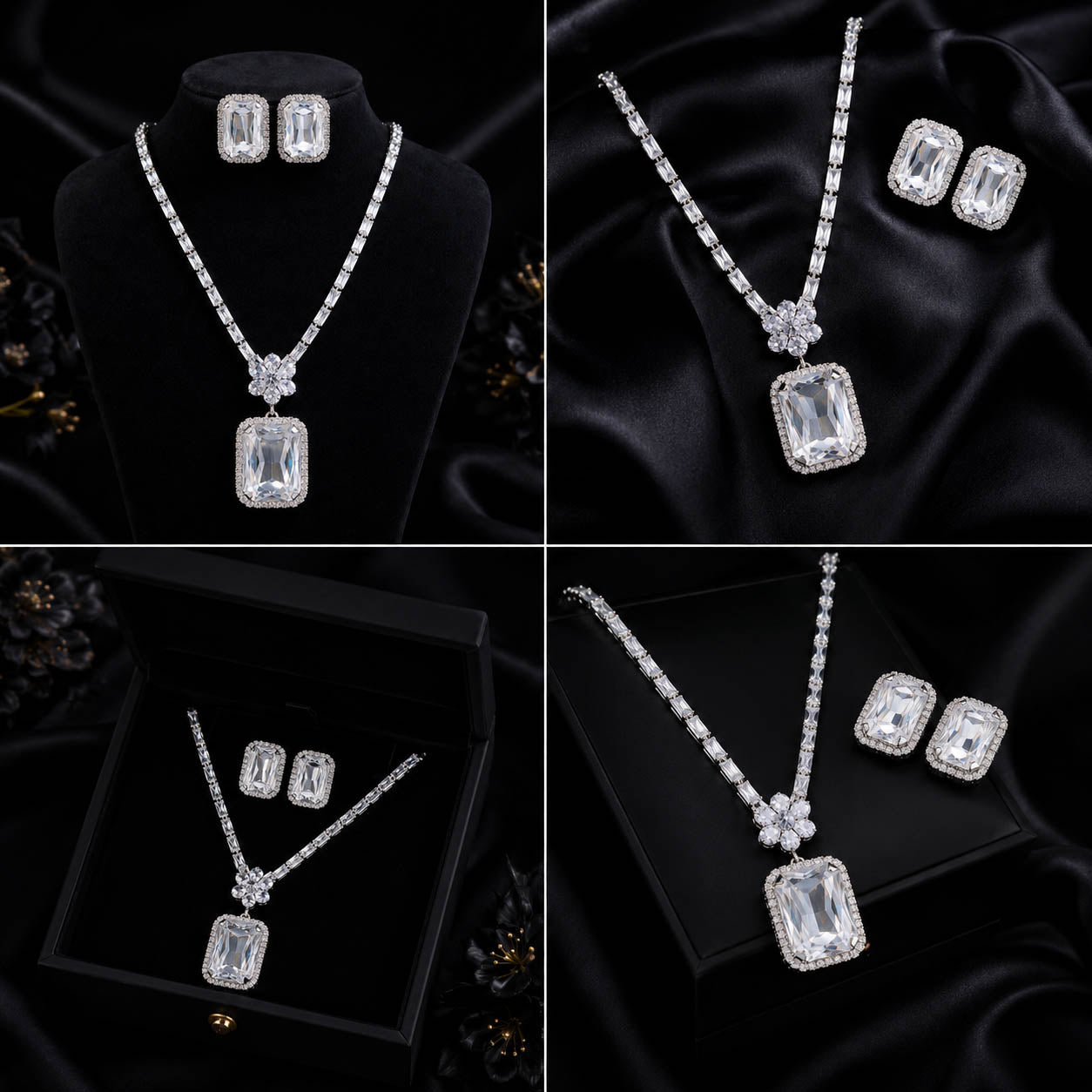 Silver-Tone Diamond Rectangle Pendant with Stud Earrings