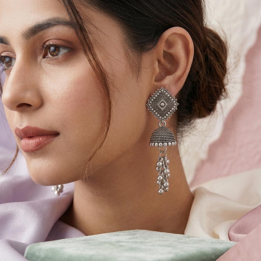 Close-up of a woman wearing an ornate silver earring with a soft background