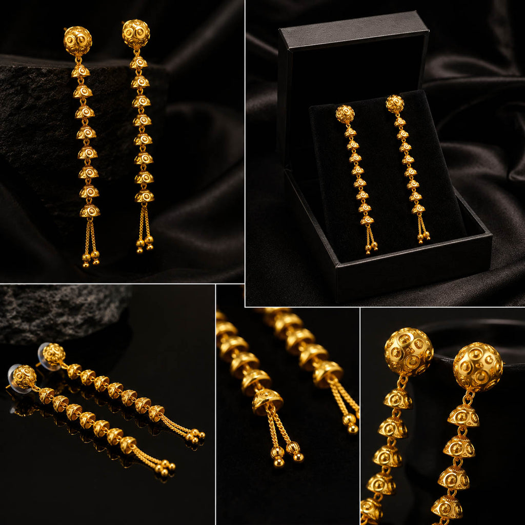 Sui Dhaga Pattern Long Dangler Earrings 1 Gram Gold Plated