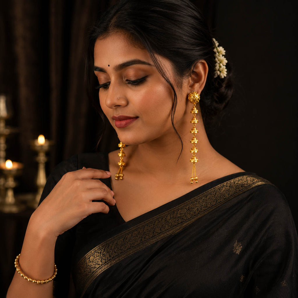 Sui Dhaga Pattern Long Dangler Earrings 1 Gram Gold Plated