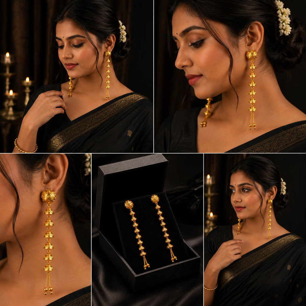 Sui Dhaga Pattern Long Dangler Earrings 1 Gram Gold Plated