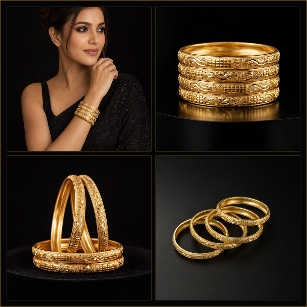 Four-panel collage showing gold bangles: a woman wearing stacked bangles on the left, close-up of a stack of ornate gold bangles on top right, a pair of overlapping engraved gold bangles on bottom left, and several loose gold bangles on a black background on bottom right.