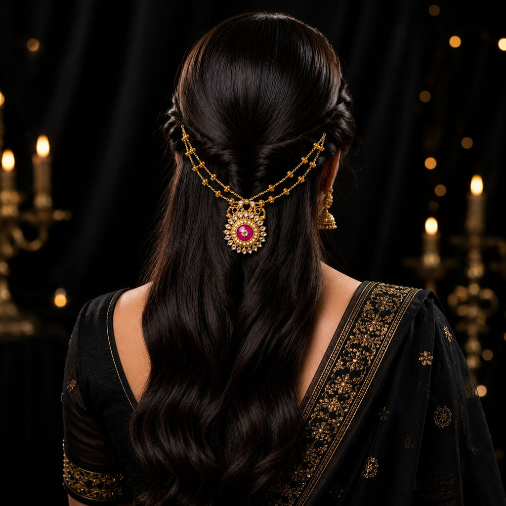 A woman shown from the back wearing a black traditional outfit with gold embroidery and a long, wavy black hairpiece adorned with a gold chain and a central red gemstone ornament. The background is a dark, elegant setting with blurred golden candlelight bokeh.