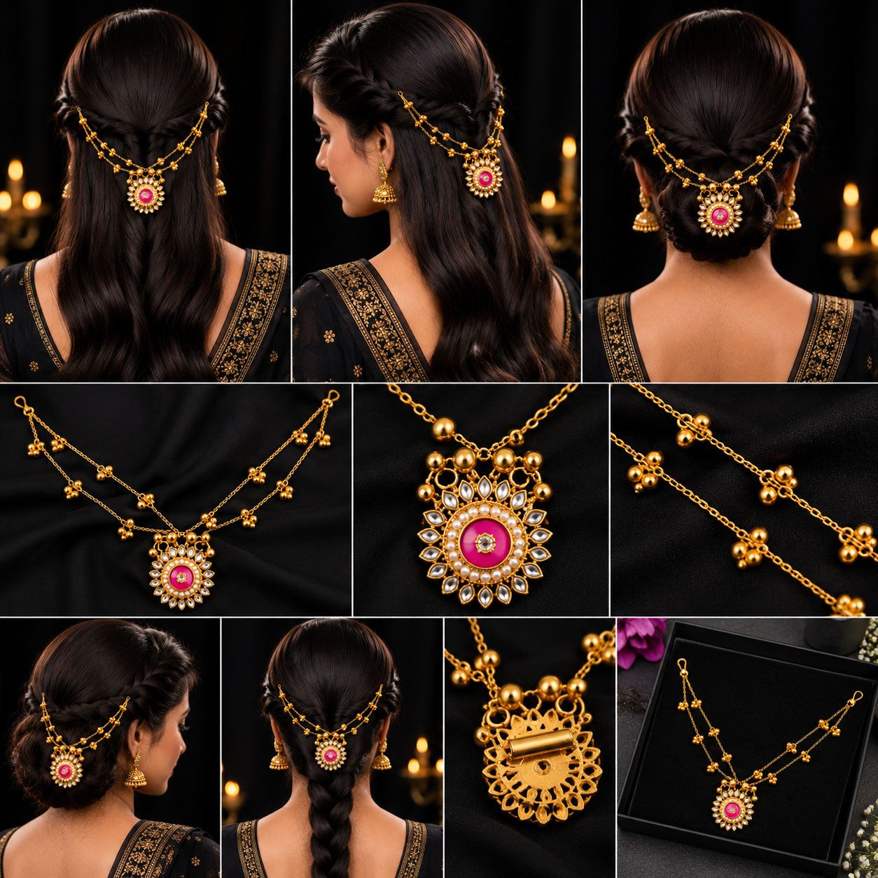 A 3x3 collage showing a gold traditional Indian jewelry set with a pink stone pendant, styled on a model with dark hair and a black embroidered sari, alongside close-up product shots of the necklace, hair ornament, earrings, and box.