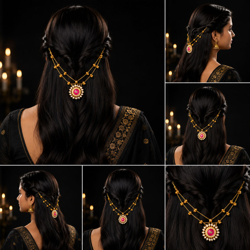 A collage of six views showing a woman from the back and side wearing a gold chain hair ornament with a pink and white floral pendant. The background is dark with warm candlelight.