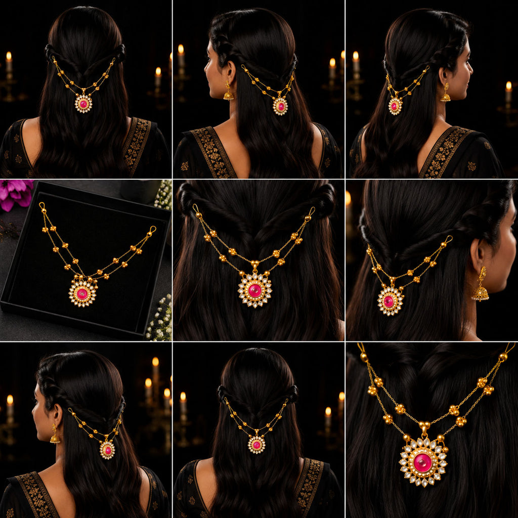 A 3x3 collage showing a woman from the back wearing a gold chain headpiece with a red and white floral pendant, alongside a product shot of the necklace on a black box.