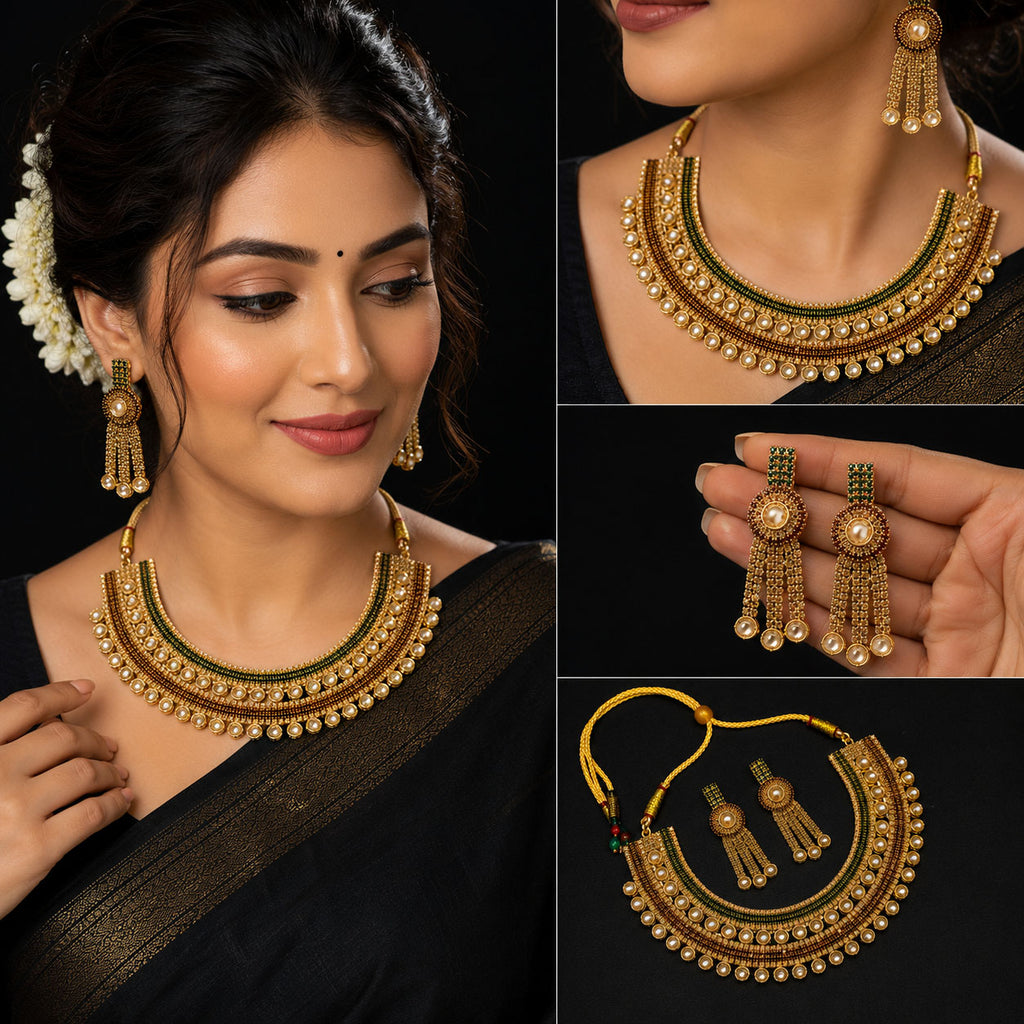 A collage showing a gold-toned traditional jewelry set worn by a woman, including a double-layered necklace, matching earrings, and a close-up of the jewelry being held in a hand. The set also includes a separate necklace and earrings laid out on a black background.
