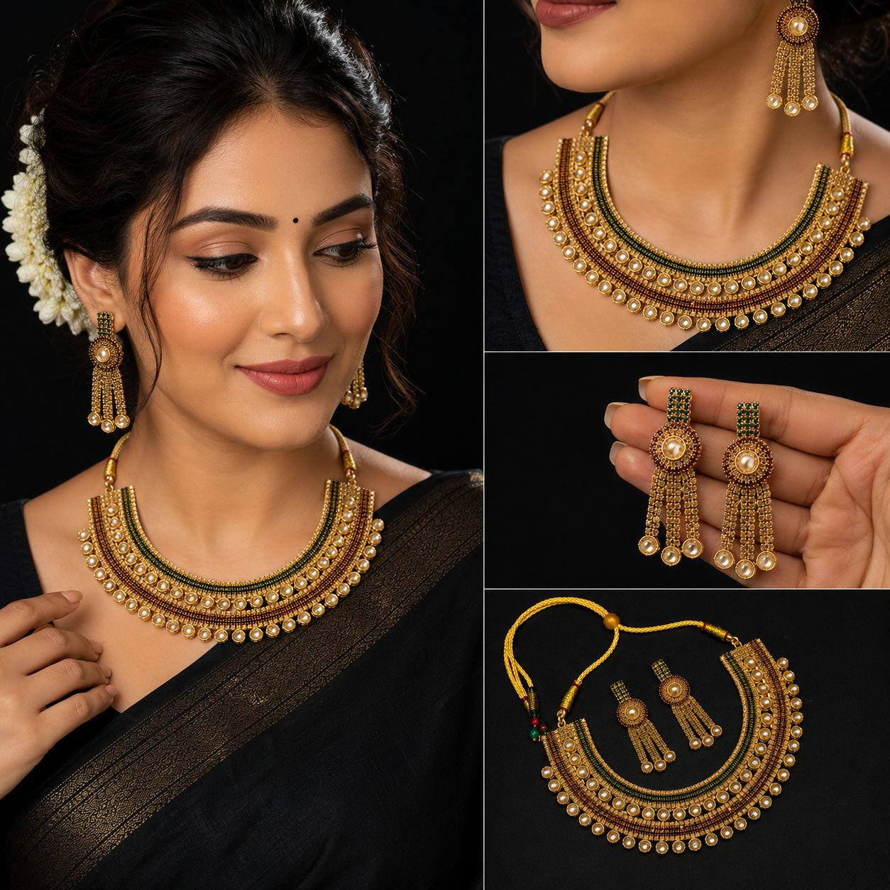 A collage showing a gold-toned traditional jewelry set worn by a woman, including a double-layered necklace, matching earrings, and a close-up of the jewelry being held in a hand. The set also includes a separate necklace and earrings laid out on a black background.