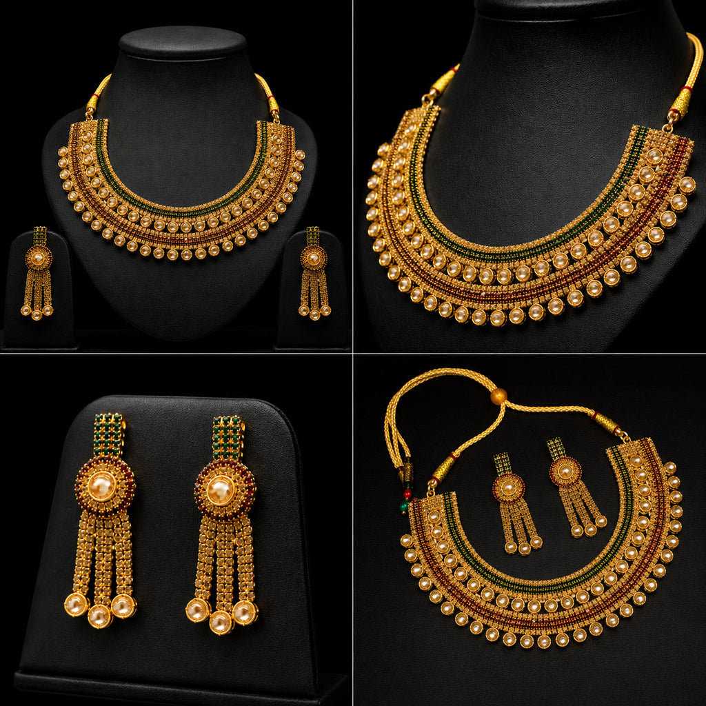 A four-panel collage showing a gold-toned traditional jewelry set on black display busts and backgrounds. The set includes a layered choker necklace, matching drop earrings, and a crescent-shaped necklace with tassel earrings.