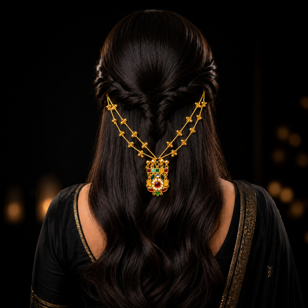 A woman viewed from the back wearing a long, dark, styled hairstyle with a gold hair accessory featuring a colorful floral pendant, set against a dark background.